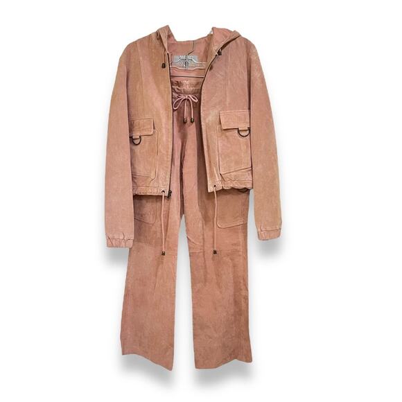 Vintage 80s Wilson's Leather pink suede leather hooded bomber jacket pants suit